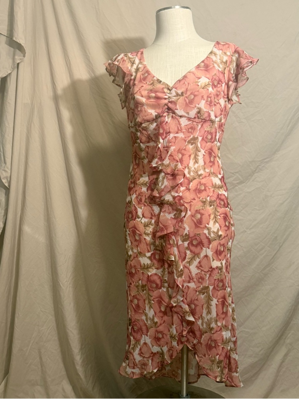 Floral Pink Ruffle-Trim Midi Dress with V-Neck